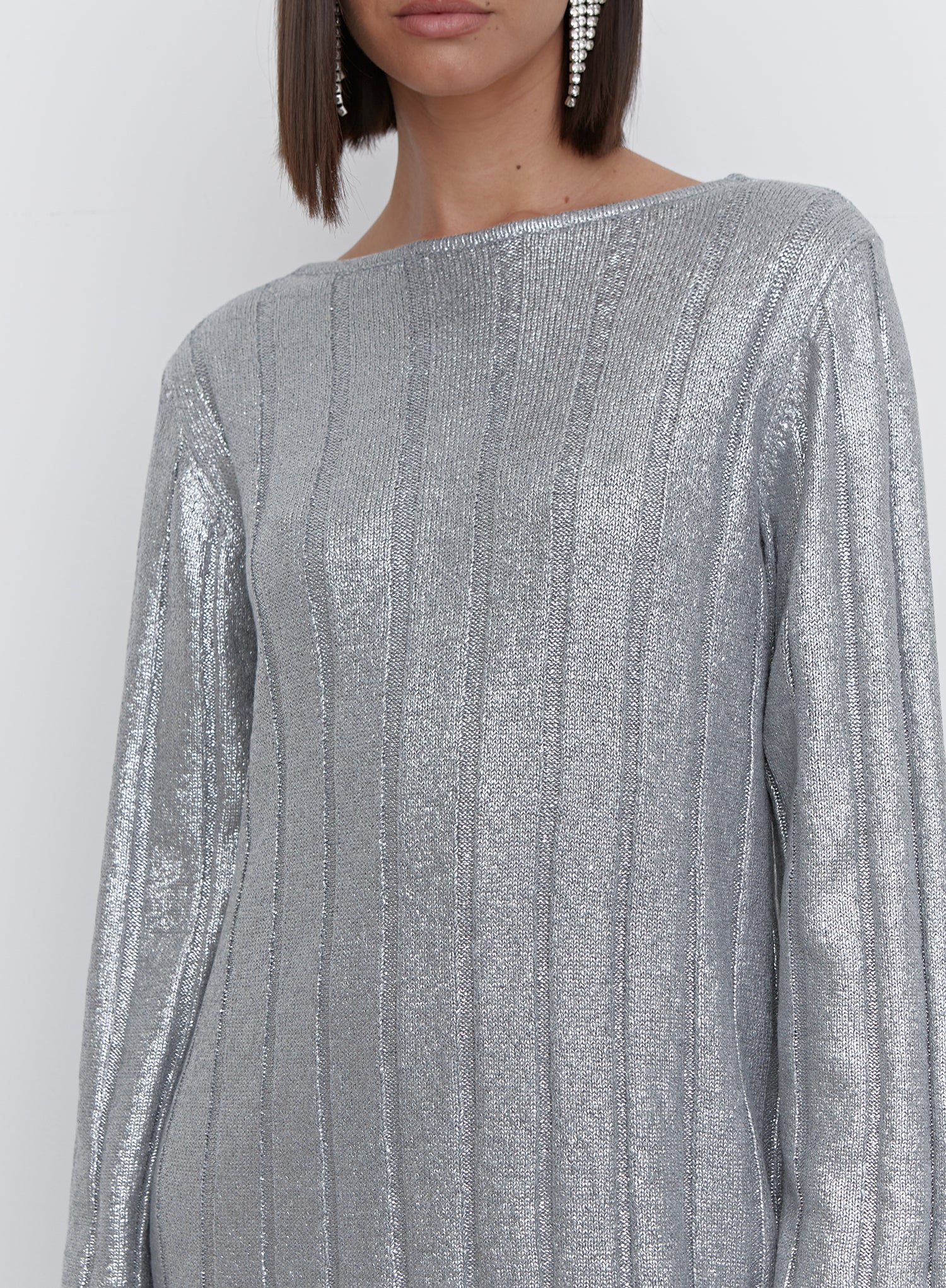 Silver Metallic Knit Tie Back Jumper Dress